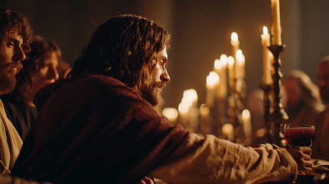 Jesus christ holding a glass of wine at the last supper by candlelight
