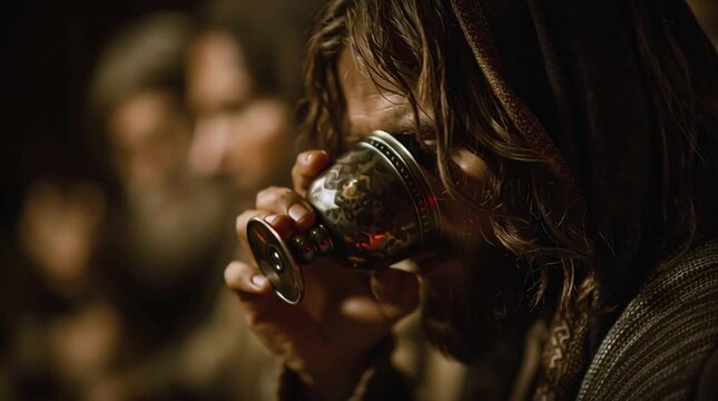 Man resembling jesus christ holding a chalice with red liquid during the last supper