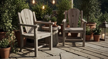 Fototapeta premium Inviting outdoor patio retreat with rustic wooden chairs and tranquil evening ambiance, perfect for serene garden relaxation and quiet moments