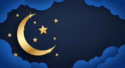 Fototapeta premium Golden crescent moon and stars on dark blue background with clouds.