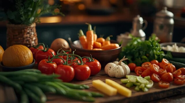 Vine ripened tomato garlic basil carrot cucumber melon fresh vegetables rustic wooden cutting board