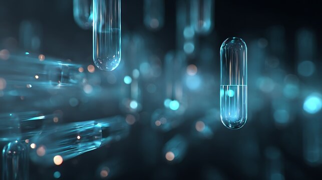 Drug development pipeline timeline as abstract holographic interface, futuristic blue lab background.