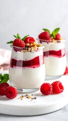 Two glasses of yogurt with raspberries and granola