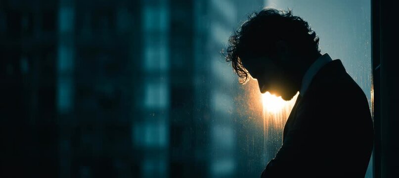 Silhouette of businessman leaning against the wall and lowering his head looking tired. Stress mental health burnout concept. Generative video AI technology.	
