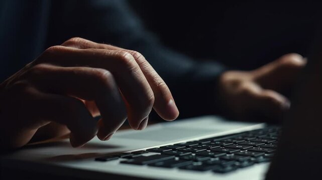 Close-up of hands typing on a laptop keyboard in low light, showcasing focused work and digital interaction, symbolizing technology and productivity.