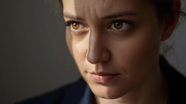 Young woman portrait face with brown eye intense gaze serious expression soft dramatic