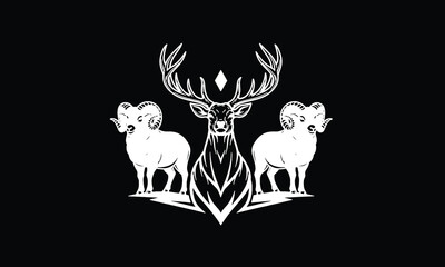 Obraz premium Majestic Deer Stag and Ram Trio Vector Logo, Forest Animal Heraldic Emblem Mascot Design