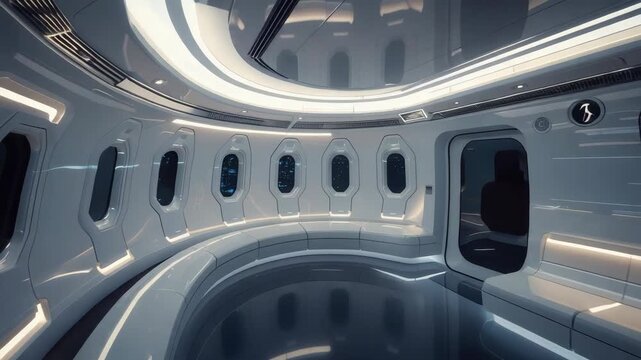 Futuristic spacecraft interior with panoramic porthole views, curved bench seating and ambient