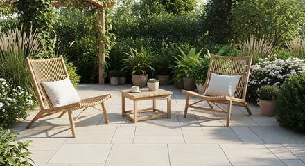 Obraz premium Serene outdoor patio with modern wooden lounge chairs and table, surrounded by lush garden greenery, perfect for tranquil relaxation