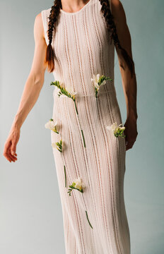 Elegant White Crochet Dress With Floral Embellishments
