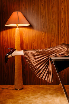 Elegant Leg In Satin Pleated Dress And Heel