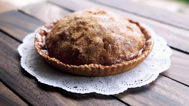 Freshly baked apple pie on wooden board - Thanksgiving treat, homemade dessert, Christmas food styling concept