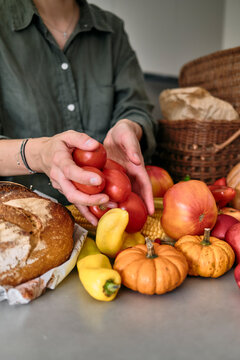 Harvest Market Scene With Fresh Produce, Pumpkin, Apples, Corn, Bread 