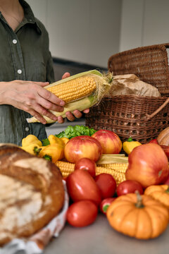 Harvest Market Scene With Fresh Produce, Pumpkin, Apples, Corn, Bread 