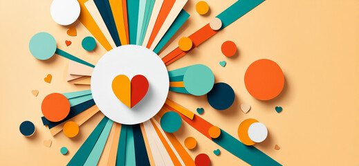 central split colored heart in a white circle surrounded by colorful radiating lines and dynamic geometric shapes highlighting diversity and inclusive community.