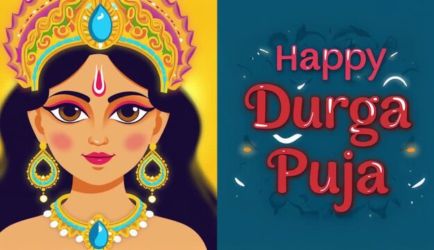 Happy Durga Puja Festival Illustration with Goddess Face and Decorative Elements on Yellow Background