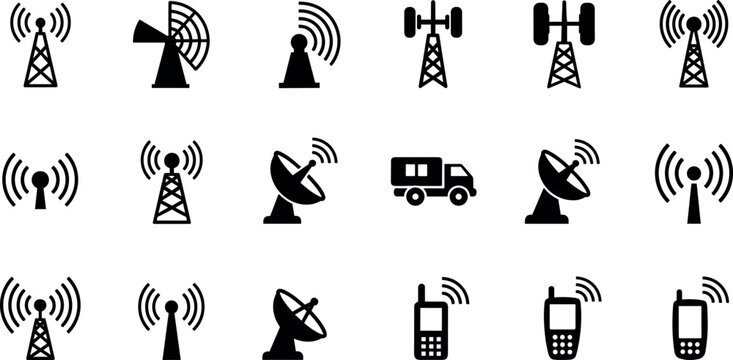 Wireless communication and signal transmission icon set featuring antennas, radio towers, satellite dishes, mobile phones, and broadcasting symbols for network and technology designs