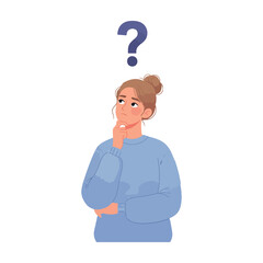 Confused Woman Question Mark Illustration, Thinking Female Character Vector, Doubt Uncertainty Cartoon Clipart, Problem Solving Woman Design, Curious Lady Graphic Art, Decision Making Character Pack, 