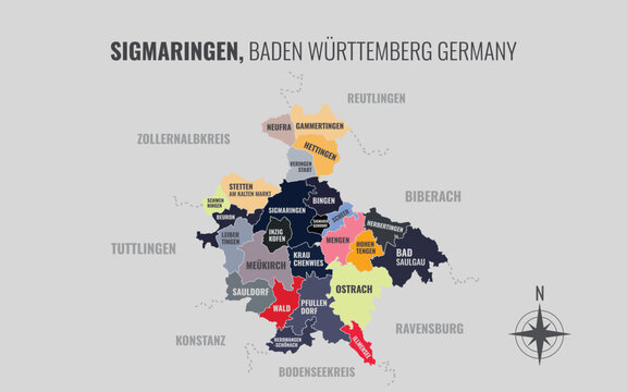 A map showing Sigmaringen BW Kreise into Gemeinden in a minimalist colorful style