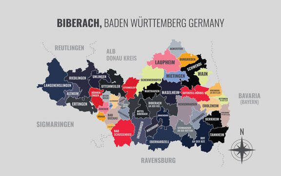 A map showing Biberach BW Kreise into Gemeinden in a minimalist colorful style