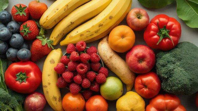 Fresh mixed raspberry banana tomato blueberry strawberry apple flatlay vibrant colorful natural