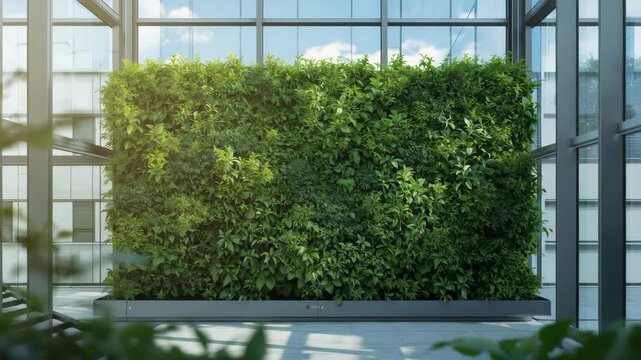 Green living wall and lush vertical garden inside modern glass atrium with sunlight, indoor plants