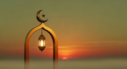 Islamic lantern with crescent moon at sunset with orange sky.