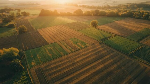 Golden aerial farmland at sunrise with patchwork fields soft sunlight and warm peaceful mood