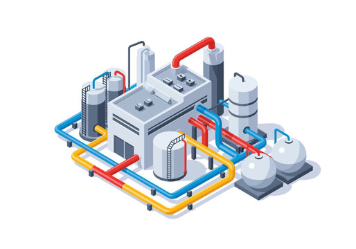 Industrial facility illustration with pipes and tanks viewed from above in an isometric perspective