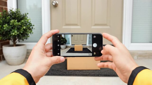 Hands holding smartphone recording delivery package at doorstep, confirming safe arrival and secure delivery, symbolizing e-commerce success and