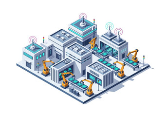 Fototapeta premium Isometric illustration of an industrial factory floor with robotic machinery and automated production lines in a futuristic setting from an overhead viewpoint