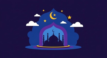 Islamic Mosque Silhouette with Crescent Moon and Stars.