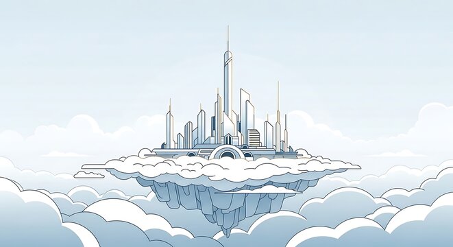 Futuristic City on Floating Island in Clouds.