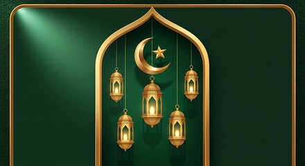 Islamic themed lanterns and crescent moon hanging decoration.