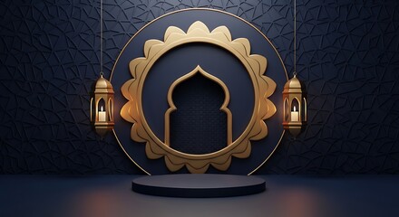 Luxurious Islamic themed display with golden mosque silhouette and lanterns.