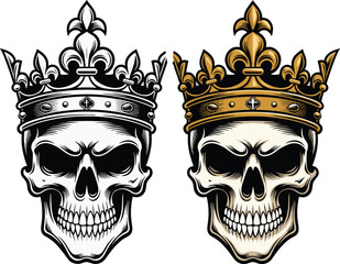 Gothic King Skull Illustration Set Featuring a Skeleton Head Wearing a Majestic Golden Crown with Fleur de Lis Details in Ornate Vector Style for Branding © MstMerezan