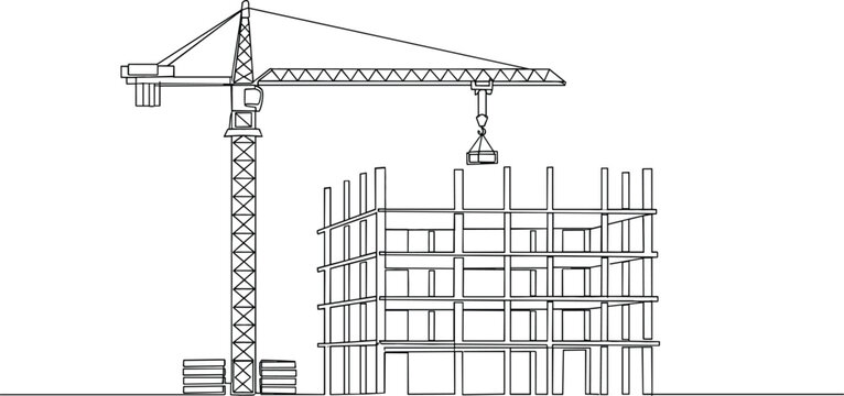 Continuous one line drawing of a tower crane at a building construction site for architecture concept