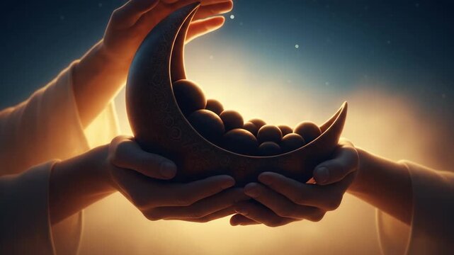 Gentle Hands Sharing Dates from a Crescent Moon at Sunset.