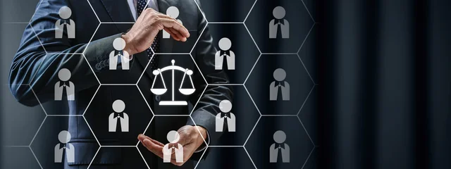 Selbstklebende Fototapeten Altes Krankenhaus Beelitz Businessman protecting a network of employees and justice scales, representing corporate legal compliance, labor law, ethical management, and human resources protection  © Leo Lintang