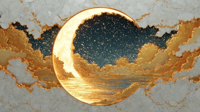 3D painting of a golden hollow moon flowing downward with starlight on white background in Thangka style, highly detailed and ultra-realistic, elegant spiritual celestial composition in 8K.