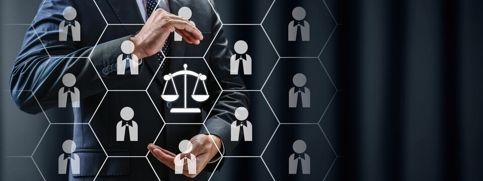Businessman protecting a network of employees and justice scales, representing corporate legal compliance, labor law, ethical management, and human resources protection