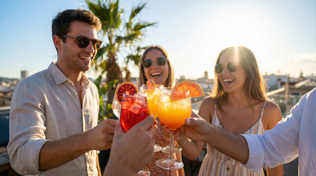 Diverse friends toasting with colorful cocktails on a sunny rooftop bar