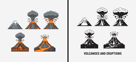 Volcano Eruption Illustration Set, Lava Mountain Explosion Vector Art, Active Volcanic Sketch Clipart, Natural Disaster Scene Graphic, Magma Fire Smoke Drawing Pack, Geology Landform Collection, Erupt © pankaj