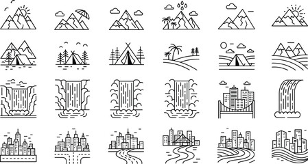 Minimalist nature and city landscape icon set featuring mountain peaks waterfall cascades forest camping tents and urban skyline for travel and vacation branding © Monira