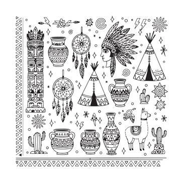 Boho Tribal Doodle Elements Set, Native American Teepee Vector Art, Dreamcatcher Feather Sketch Clipart, Ethnic Folk Pattern Graphic Design, Bohemian Cactus Arrow Pack, Hand Drawn Tribal Collection, I