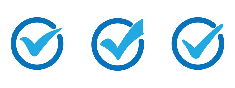 Set of blue check mark icons approval sign checkbox ok yes complete concept
