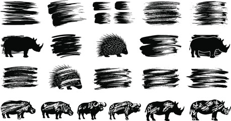 Set of wildlife animal silhouettes including rhino, porcupine, and buffalo with black paint brush stroke textures isolated on a white background © Monira