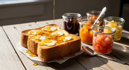 Thick Cut Brioche Toast with Butter, Honey, and Assorted Fruit Jams for a Delicious Breakfast Spread
