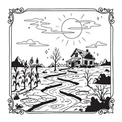 Obraz premium Village Landscape Black White Sketch, Rural Countryside Line Art Vector, Farm House Scenery Clipart Design, Peaceful Nature Scene Graphic, River Bridge Sunset Drawing Pack, Vintage Country Illustratio