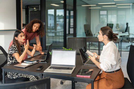 Businesswomen Team Discusses Project Ideas in a Modern Office Setting